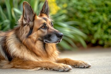 A beautiful dog rests peacefully in a lush garden. Its fur shines in soft sunlight. This stunning portrait captures loyalty and tranquility. Generative AI