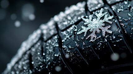 Winter Tire with Icy Snowflake on Black Background