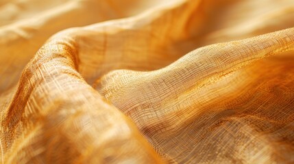 A close-up of raw silk fabric in a warm, golden hue, with its natural slubs and texture creating an artisanal look