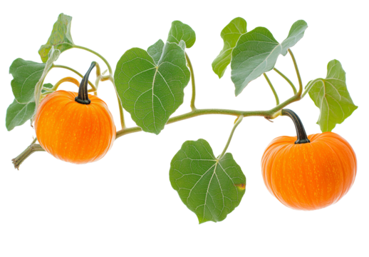 A branch of pumpkin with leaves on transparent background