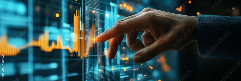 Aufkleber hand interacting with digital data on a screen - a hand reaching out to touch a digital screen, show