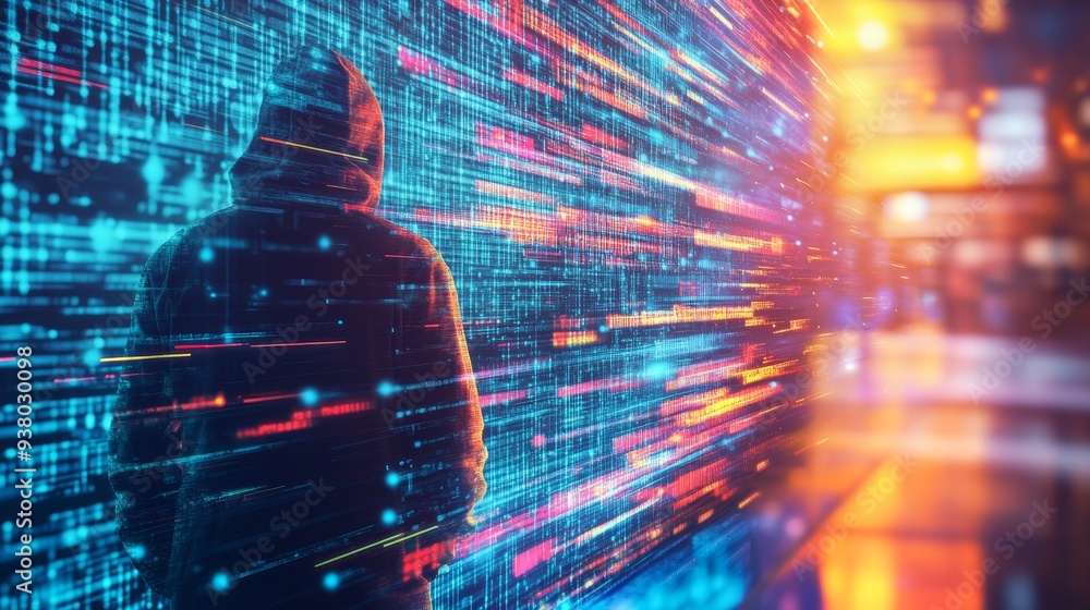 Poster hacker in the digital world - cybersecurity and data protection - a hooded figure stands before a gl