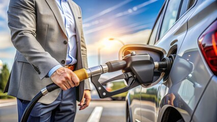 Strong male hand grasping fuel nozzle, refueling sleek vehicle's gas tank at a modern, well-lit filling station with sleek architecture and amenities.
