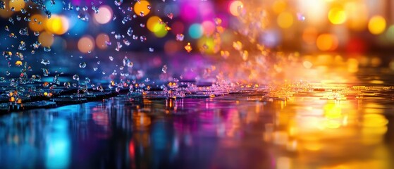 Fototapeta premium Vibrant Night Cityscape with Colorful Bokeh Lights and Raindrops on Wet Pavement