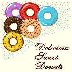 Donuts with colorful sprinkles.Vector presentation of bright donuts with icing and sprinkles on a colored background with text.Colorful confectionery.