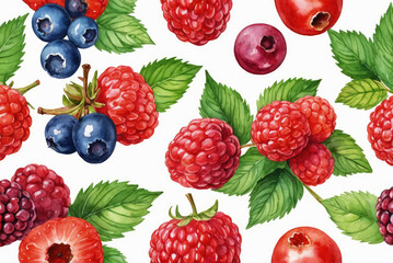 Raspberries, strawberries and blueberries on a white background with green leaves. Natural backdrop.