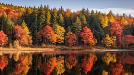 Obraz premium Vivid Autumn Forest Reflections in Calm Lake