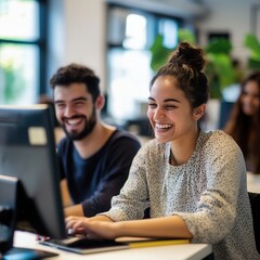 Happy young office colleagues collaborating and smiling working at computers in open plan workplace