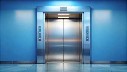 Stylish modern elevator illustration with metallic doors, buttons, and arrows, set against a bright blue background with subtle gradient and minimalist design elements.