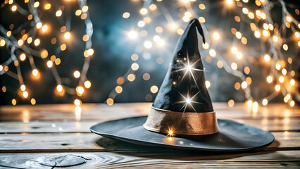Flat Glossy Witchs Hat Background with Stars concept as A glossy background featuring a witchs hat with twinkling stars against a dark sky. The scene is perfect for Halloween party banners or witch th