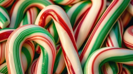 A close-up of vibrant candy canes with red, green, and white stripes arranged in a festive display