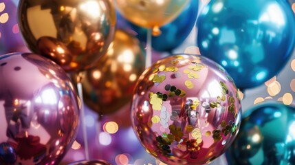 Fototapeta premium A cluster of metallic balloons with confetti in complementary colors, creating a cheerful and vibrant composition