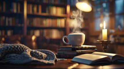 A coffee break at a library, with a stack of books, a cozy reading nook, and a steaming cup of coffee