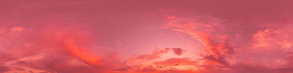 Sunset sky panorama with bright glowing pink Cumulus clouds. HDR 360 seamless spherical panorama. Full zenith or sky dome in 3D, sky replacement for aerial drone panoramas. Climate and weather change.