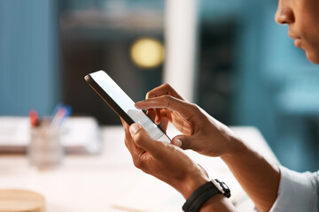 Business, hands and man with phone in office for contact, communication and email at desk. Person, ecommerce and screen of mobile in workplace for banking, personal finance and app for social media