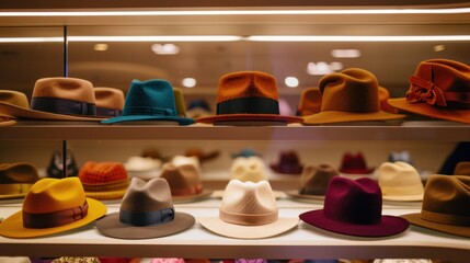 A collection of statement hats on display, including fedoras, wide-brimmed hats, and beanies