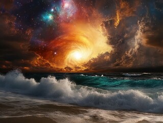 Naklejka premium Stunning Cosmic Vortex Over Ocean Waves at Sunset with Dramatic Sky and Colorful Clouds
