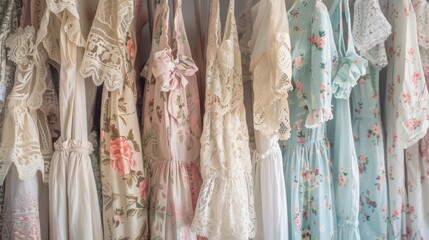 A collection of vintage-inspired dresses hanging on a rack, with lace, floral prints, and pastel colors