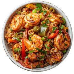 Fototapeta premium Shrimp and sausage jambalaya on transparent background.