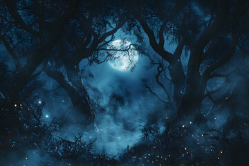A mystical forest under a full moon with glowing fireflies illuminating the dark atmosphere at night
