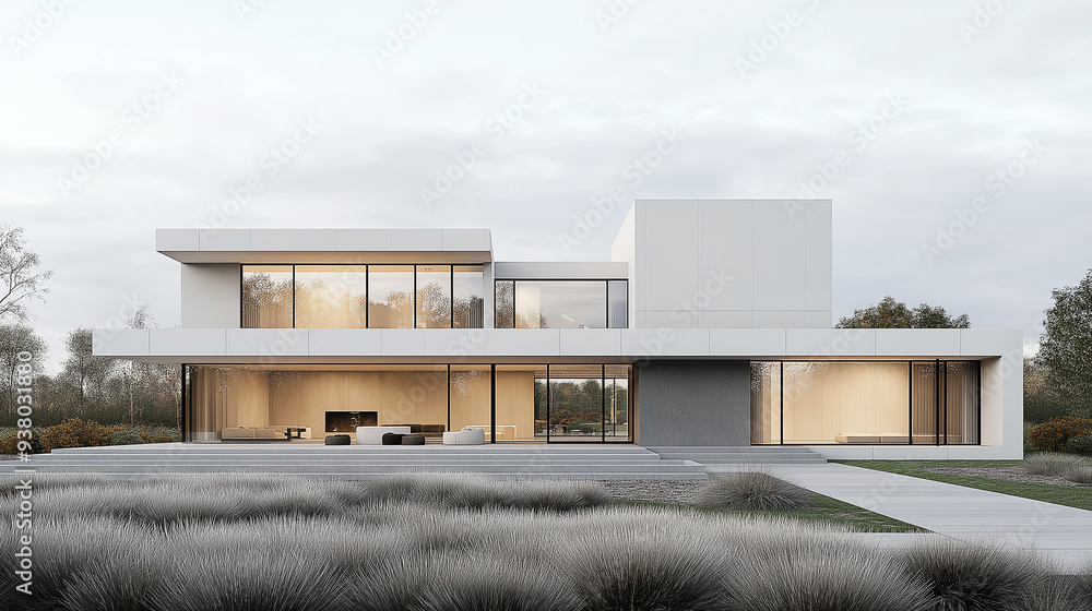 Poster a front-facing architectural shot of a minimalist two-story house with clean lines and simple design