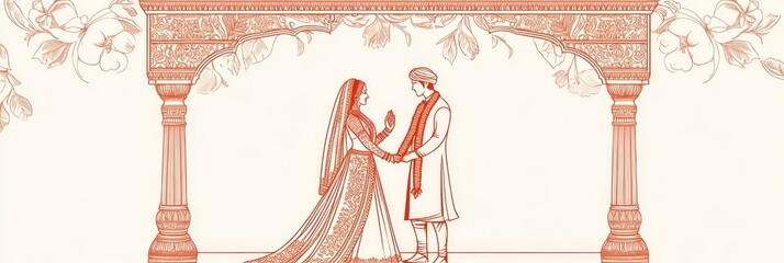 Indian Wedding Couple Under Floral Archway - A traditional Indian wedding ceremony, symbolizing love, commitment, tradition, unity, and new beginnings.