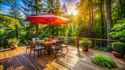 Obraz premium Sun-drenched wooden deck adorned with a vibrant umbrella-covered outdoor dining set, nestled among lush greenery of a dense forest on a warm summer day.
