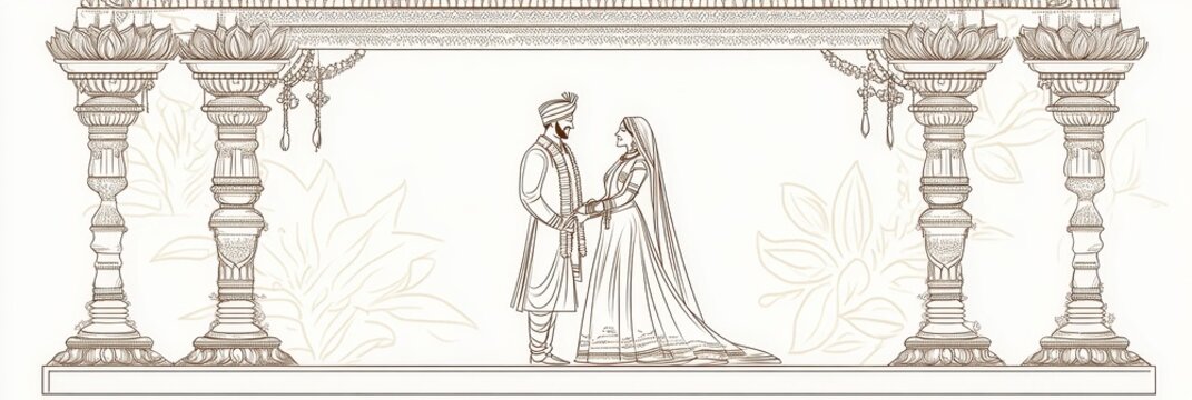 Indian Wedding Couple Under Mandap Archway - A traditional Indian wedding ceremony with the couple standing under a beautifully decorated mandap archway, symbolizing love, commitment, and the union of