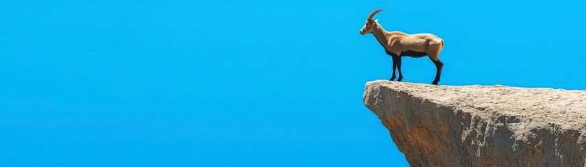A lone mountain goat stands on a cliff edge overlooking a bright blue sky.