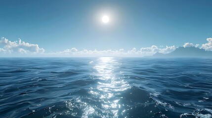 Fototapeta premium A serene ocean view under a bright sun, reflecting light on calm waters.