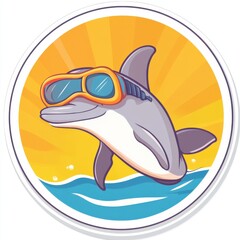 Obraz premium Sticker of a dolphin wearing swimming goggles in circle shape, cute cartoon, flat vector illustration, on white background, digital sticker, clipart, icon