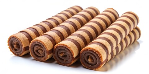 Tempting striped wafer rolls overflowing with rich chocolate fillings stand upright on a crisp white background, invitingly arranged to showcase their sweet and crispy goodness.