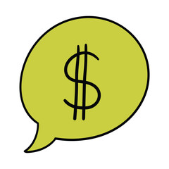 Hand drawn cartoon green speech bubble with dollar symbol on white background.