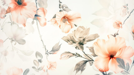 Flower backdrop. Soft, vintage-style floral design with peach and gray flowers on light background, creating timeless, elegant aesthetic. Perfect for invitations, wallpapers, and feminine decor themes