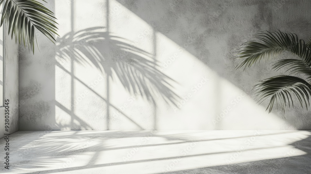 Poster minimalist concrete room with palm tree shadow and sunlight - a modern and minimalist concrete room 