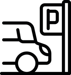 Simple, bold lined icon of a car driving away from a parking spot, perfect for representing parking garages, lots, and more