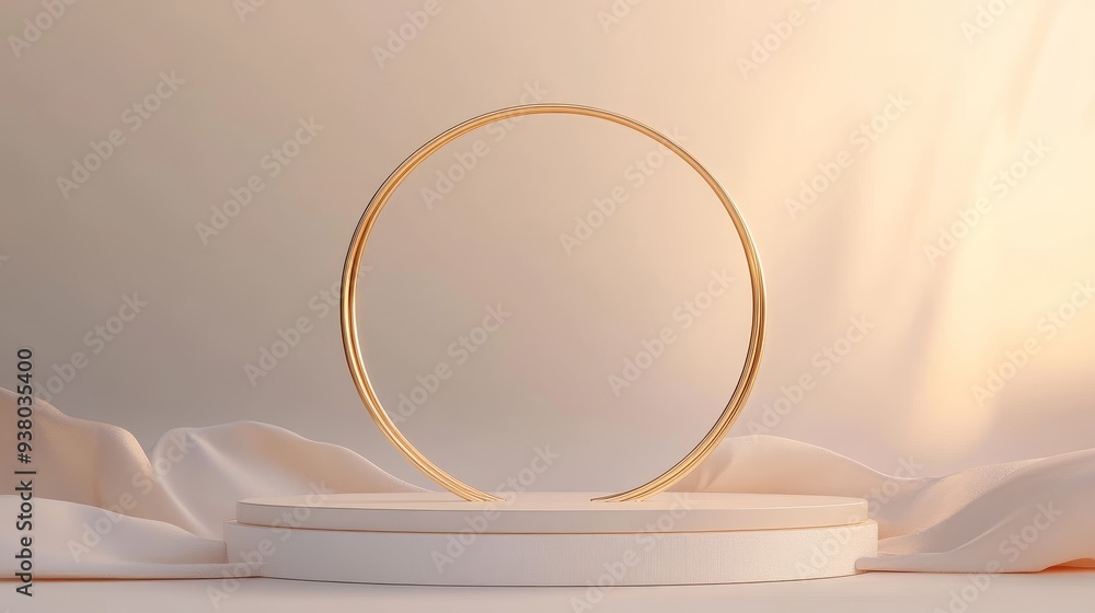 Poster minimalist gold circle product display with white fabric and soft lighting - a minimal and elegant p