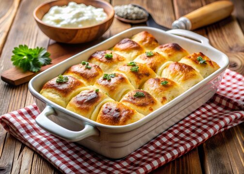 Traditional Croatian dish of thin rolled dough filled with cottage cheese, boiled, and baked in sour cream, served hot in a baking dish.
