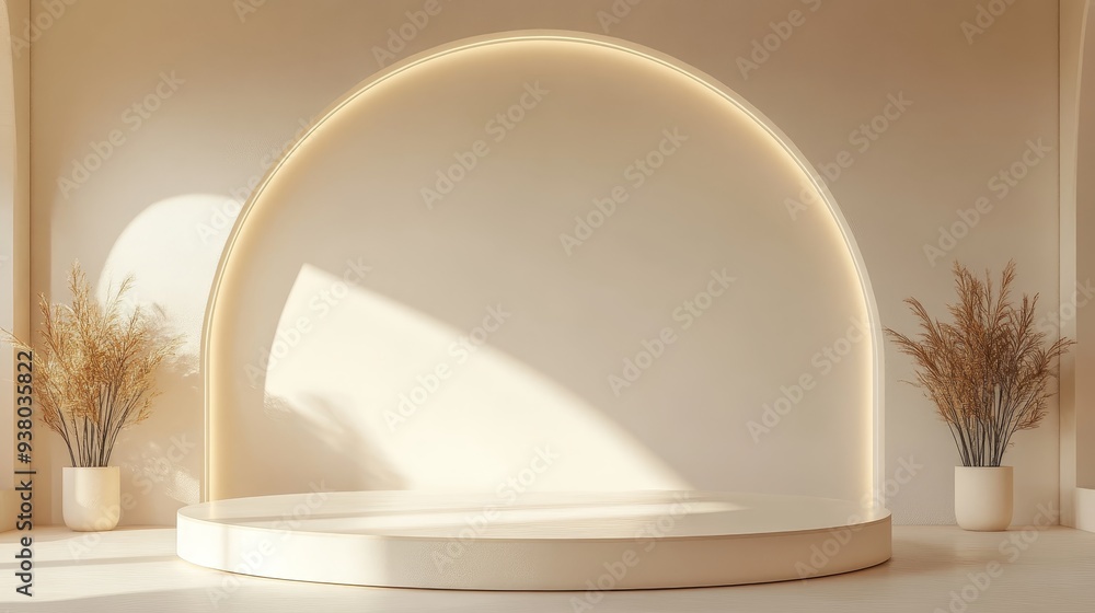 Poster minimalist product display with arch and natural elements - a minimalist product display with a circ