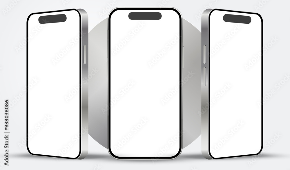 Poster smartphone mock up white screen with different angles views. set of phones front view mockup. silver
