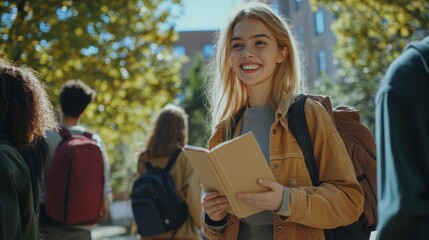 Fototapeta premium Golden Hour Student: A radiant young woman beams on a sunny campus, embracing the joy of learning amidst the vibrant autumn foliage. 