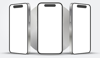 Smartphone mock up white screen with different angles views. Set of Phones front view mockup. Silver cellphone mobile isolated with blank screen for display your design. Vector device UI UX.