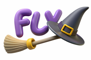 Flat Witchs Broom and Hat with Fly Text concept as An isolated vector featuring a witchs broom and hat with the word Fly in a whimsical font. The elements are set against a white background perfect fo