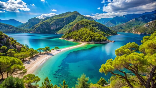 Turquoise waters lap against a sandy beach surrounded by lush green hills and pine trees in picturesque Oludeniz Blue Lagoon, Fethiye, Turkey.