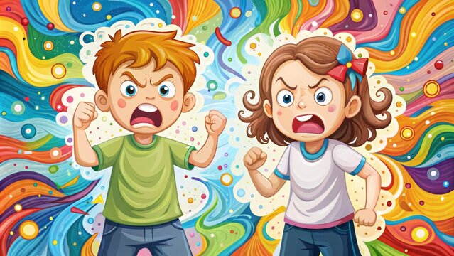 Two cartoon kids with angry facial expressions and fists clenched, standing back to back, surrounded by chaotic swirls and colorful splatters, conveying a lively argument scene.