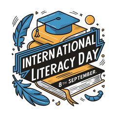 Literacy day background, banner, post, conceptual design. 8th September International Literacy day cover banner with colourful educational icons. The theme for 2024 is Promoting multilingual education