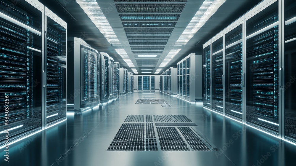 Poster Modern Data Center Server Room Corridor with Blue Lights - A sleek and modern data center server room corridor with rows of servers and blue lights. This image symbolizes data storage, technology, and