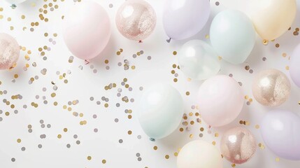 A flat lay of pastel balloons and metallic confetti on a white background, creating a soft and elegant birthday theme