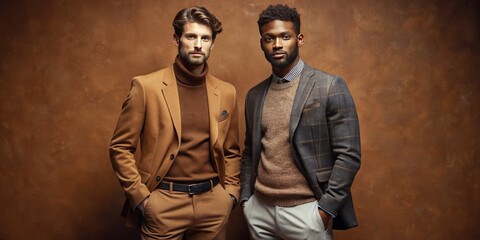 Two fashionable gentlemen with diverse ethnic backgrounds confidently stand together, showcasing trendy outfits and friendly camaraderie against a warm, earthy brown studio backdrop.