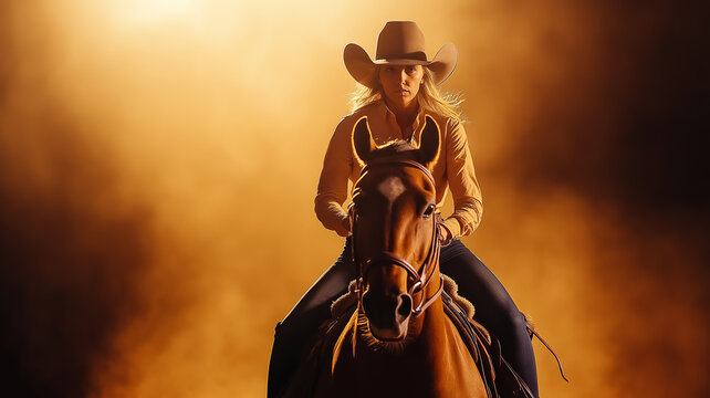 Cowgirl queen performing a precision riding routine on a spirited horse dust kicking up in dramatic lighting audience watching in awe action-packed rodeo scene 